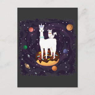 Funny Llama Einhorn mit Katze auf einer Donut Gala Postkarte