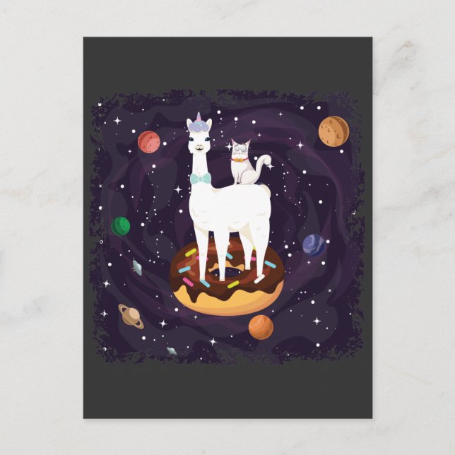 Funny Llama Einhorn mit Katze auf einer Donut Gala Postkarte (Vorderseite)