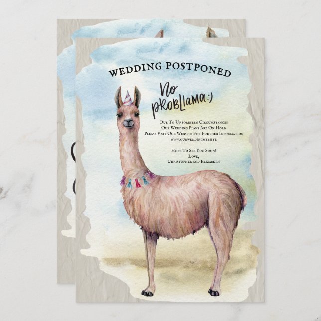 Funny Llama Hochzeit verschoben Datum ändern Einladung (Vorne/Hinten)