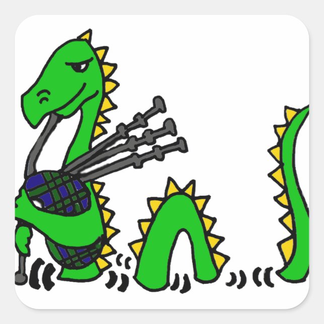 Funny Loch Ness Monster spielt Blue Bagpipe Quadratischer Aufkleber (Vorderseite)