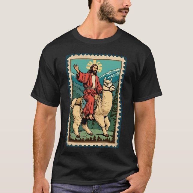 Funny Lord Jesus Riding Alpaca Christ Pride Llama T-Shirt (Vorderseite)