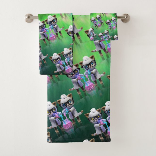 Funny Mad Cat Scientists planen Weltherrschaft Badhandtuch Set (Insitu)