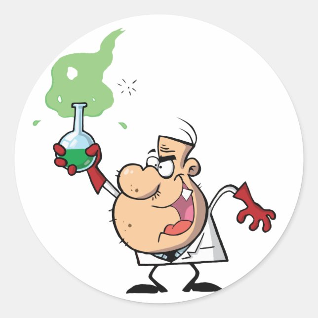 Funny Mad Scientist Holding Green Ttion Runder Aufkleber (Vorderseite)