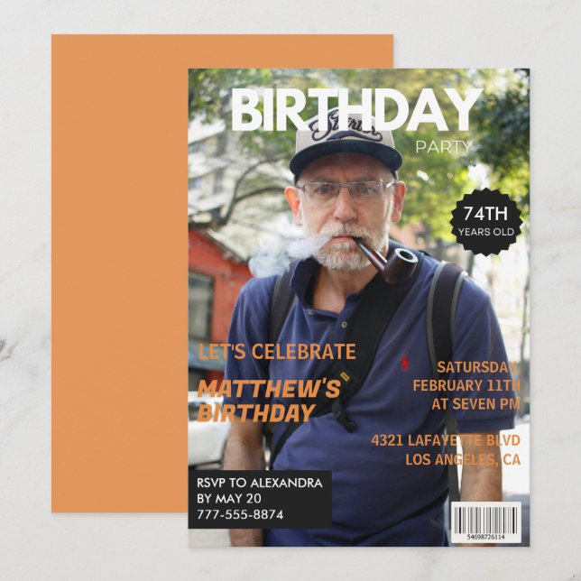 Funny Magazine Redaktion Foto 74. Geburtstag Einladung (Vorne/Hinten)