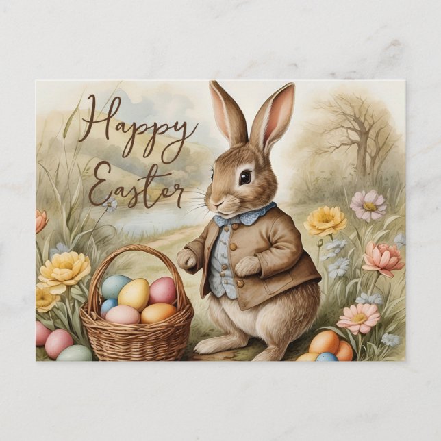 Funny Magical Oaster Bunny Egg Jagen auf der Wiese Postkarte (Vorderseite)