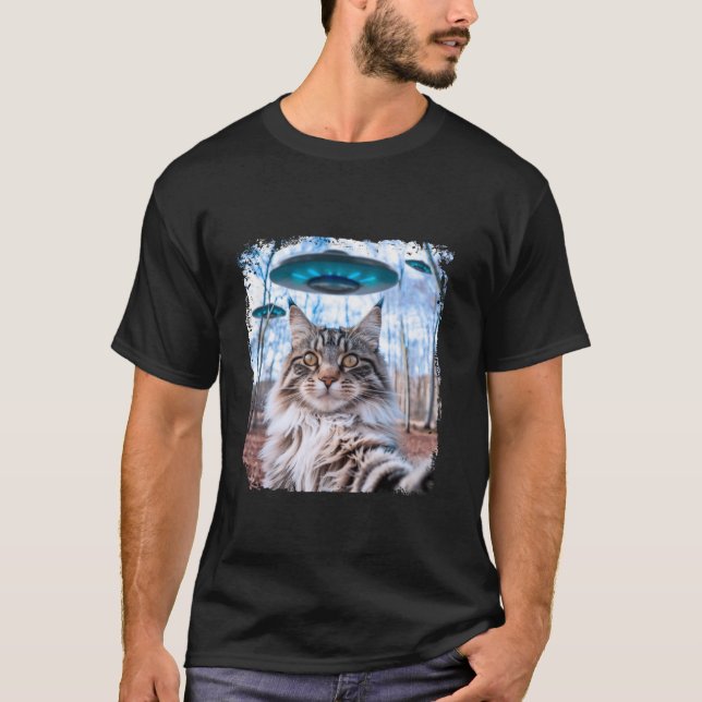 Funny Main Coon Cat Kitten Selfie mit Alien UFOs T-Shirt (Vorderseite)