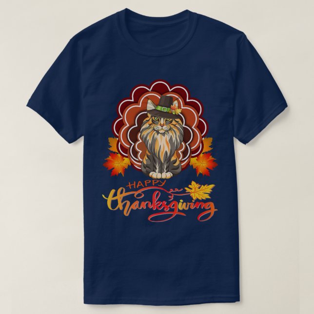 Funny Maine Coon Cat Türkei Glückwunsch Thanksgivi T-Shirt (Design vorne)