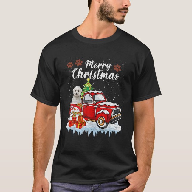 Funny Maltese Dog Snow Red Truck Weihnachten Weihn T-Shirt (Vorderseite)