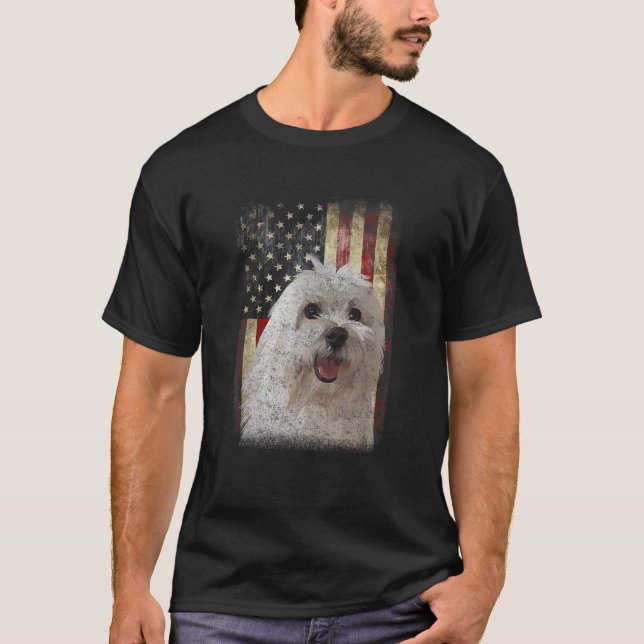 Funny Maltese Face Flag American Distressed Dog Lo T-Shirt (Vorderseite)