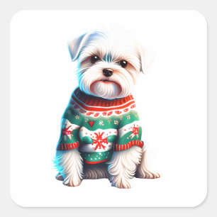 Funny Maltese in Weihnachts-Sweater Quadratischer Aufkleber