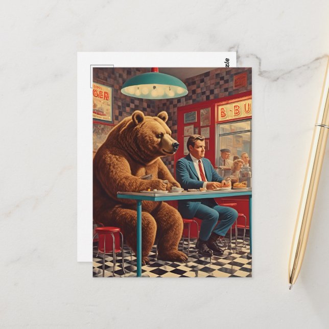 Funny Man and Bear bei Retro Diner Postkarte (Vorderseite/Rückseite Beispiel)
