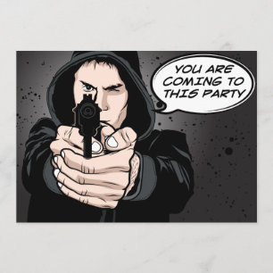 Funny Man pointing Gun Cartoon Einladung