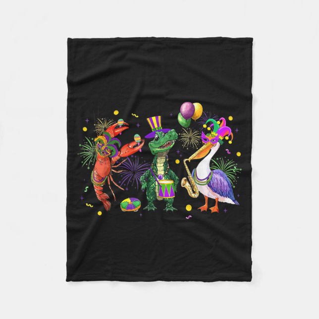 Funny Mardi Gras 2026 Crocodile Crawfish Pelican N Fleecedecke (Vorderseite)