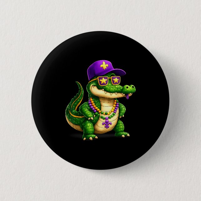 Funny Mardi Gras Alligator Beads Carnival Celebrat Button (Vorderseite)