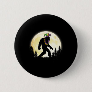 Funny Mardi Gras Bigfoot Kids Men Sasquatch Jester Button