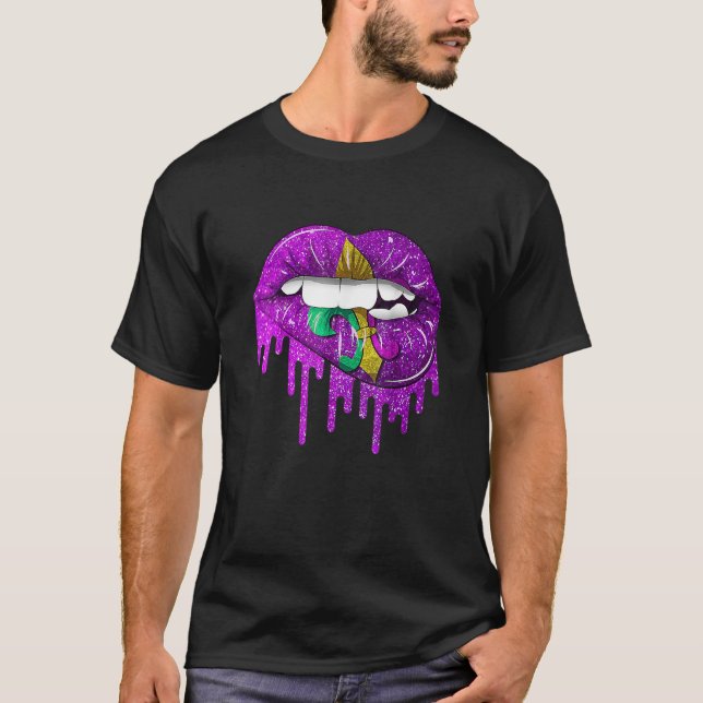 Funny Mardi Gras Carnival Purple Gold Lips Dripped T-Shirt (Vorderseite)