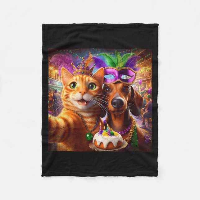 Funny Mardi Gras Cat Dachshund Selfie Squad  Fleecedecke (Vorderseite)