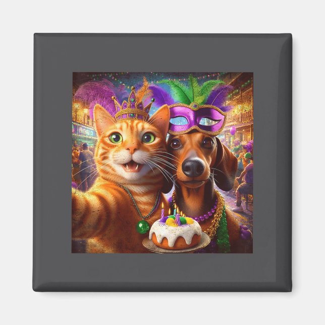 Funny Mardi Gras Cat Dachshund Selfie Squad  Magnet (Vorne)