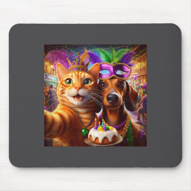 Funny Mardi Gras Cat Dachshund Selfie Squad  Mousepad (Vorne)