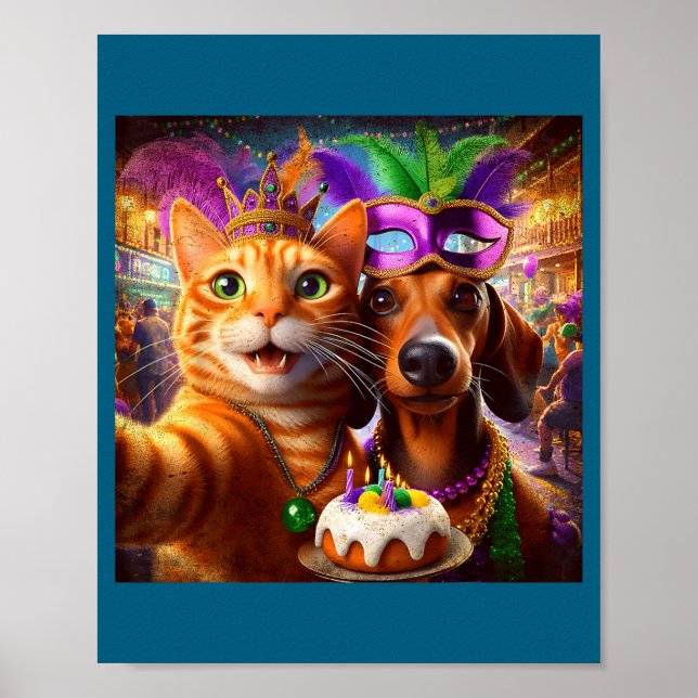 Funny Mardi Gras Cat Dachshund Selfie Squad  Poster (Vorne)