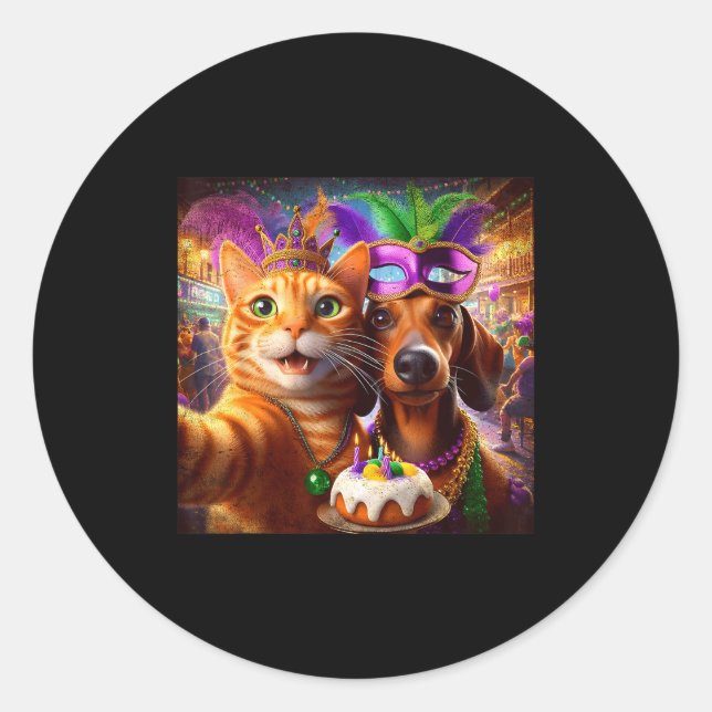 Funny Mardi Gras Cat Dachshund Selfie Squad  Runder Aufkleber (Vorderseite)