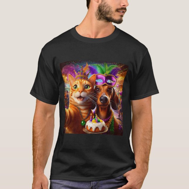 Funny Mardi Gras Cat Dachshund Selfie Squad  T-Shirt (Vorderseite)