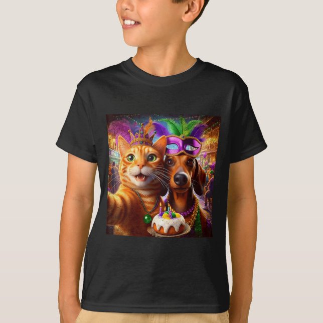 Funny Mardi Gras Cat Dachshund Selfie Squad  T-Shirt (Vorderseite)