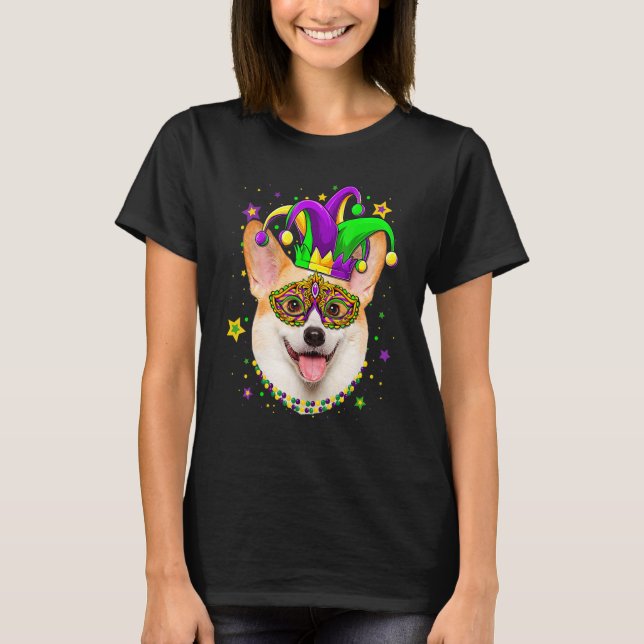 Funny Mardi Gras Corgi Dog Beads Maske Mardi Gras T-Shirt (Vorderseite)