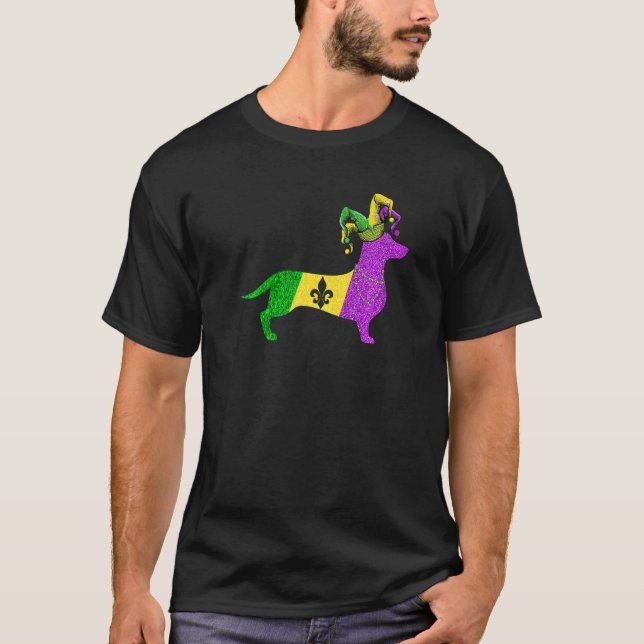 Funny Mardi Gras Dachshund Dog Mardi Gras Hat Bead T-Shirt (Vorderseite)