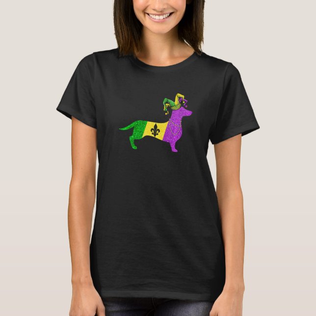 Funny Mardi Gras Dachshund Dog Mardi Gras Hat Bead T-Shirt (Vorderseite)