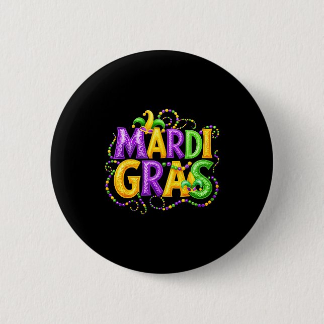 Funny Mardi Gras Parade Jester Hat Beads Men Women Button (Vorderseite)