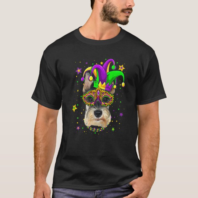 Funny Mardi Gras Schnauzer Dog Beads Mask Mardi Gr T-Shirt (Vorderseite)