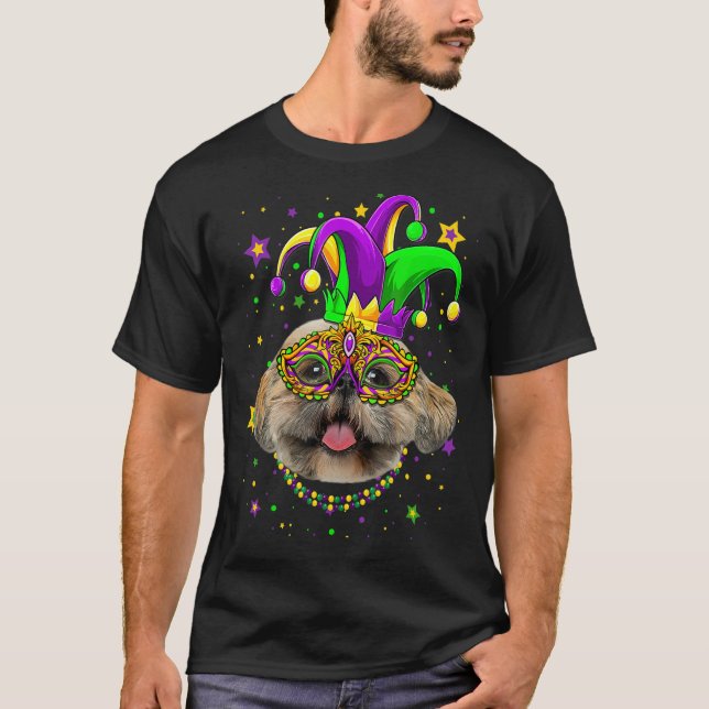 Funny Mardi Gras Shih Tzu Dog Beads Mask Mardi Gra T-Shirt (Vorderseite)