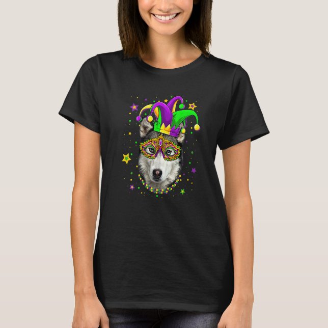 Funny Mardi Gras Siberian Husky Dog Beads Mask Mar T-Shirt (Vorderseite)