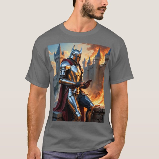 Funny Medival Knight On Phone T-Shirt (Vorderseite)