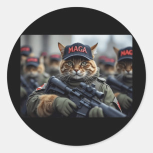 Funny Mega Cat With Rifle - Humorer Donald Trump Runder Aufkleber