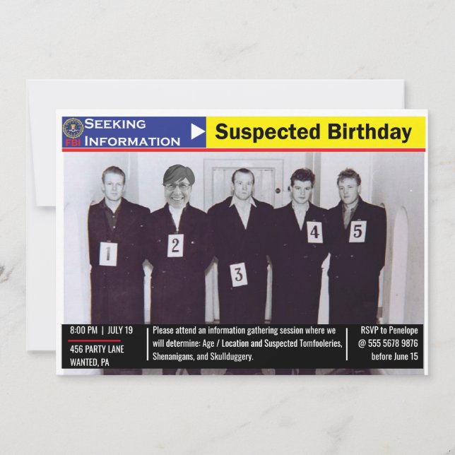 Funny Mens Birthday Police Line Up Schwarz und Wei Einladung (Vorderseite)