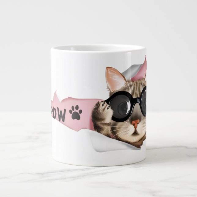 Funny “Meow” Cat with Glasses Design Jumbo-Tasse (Vorderseite)