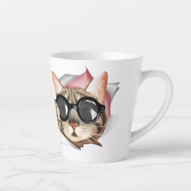 Funny “Meow” Cat with Glasses Design Milchtasse (Rechts)