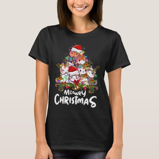 Funny Meowa Weihnachtsbaumleuchten Weihnachtsgesch T-Shirt (Vorderseite)