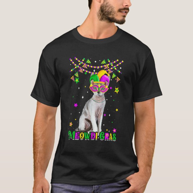 Funny Meowdi Gras Devon Rex Cat Mardi Gras Carniva T-Shirt (Vorderseite)