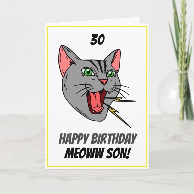 Funny Meowing Cat White 30th Son Birthday Karte (Vorderseite)