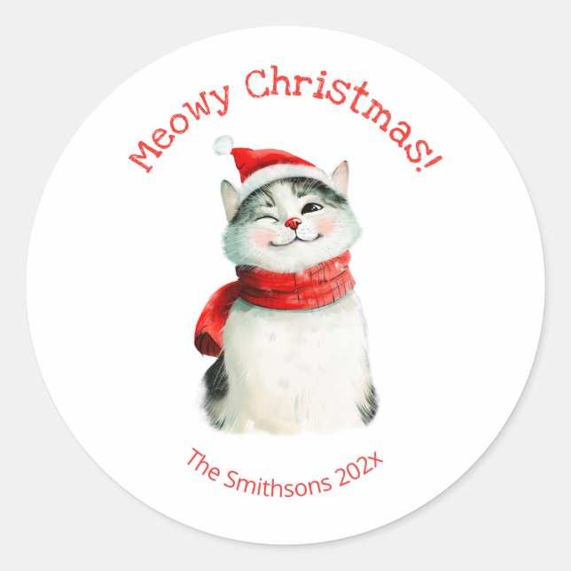 Funny Meowy Cat Niedlicher Weihnachtsaufkleber Runder Aufkleber (Vorderseite)