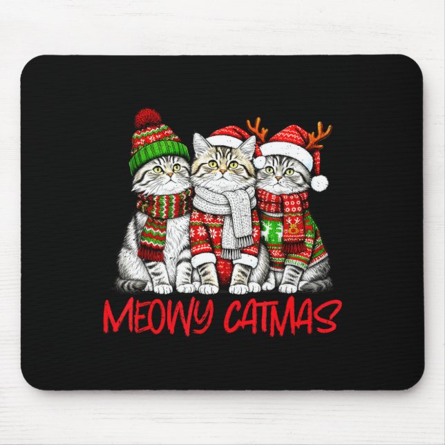 Funny Meowy Catmas Christmas Cats Ugly Sweater Gra Mousepad (Vorne)