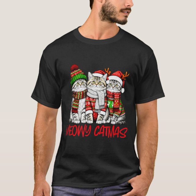 Funny Meowy Catmas Christmas Cats Ugly Sweater Gra T-Shirt (Vorderseite)
