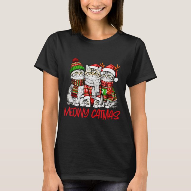 Funny Meowy Catmas Christmas Cats Ugly Sweater Gra T-Shirt (Vorderseite)