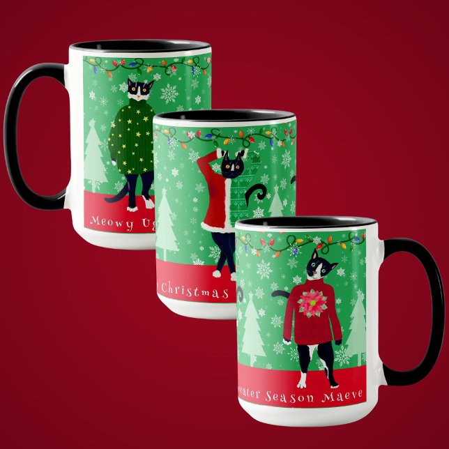 Funny Meowy Cats in Ugly Christmas Sweaters Tasse (Tuxedo cats model ugly Christmas sweaters funny personalized holiday mug)