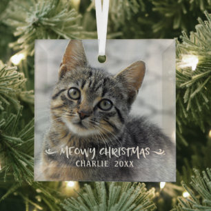Funny MEOWY CHRISTMAS Cat Foto Ornament Aus Glas