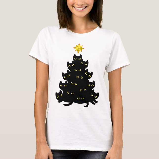 Funny Meowy Kawaii Black Cats Weihnachtsbaum T-Shirt (Vorderseite)