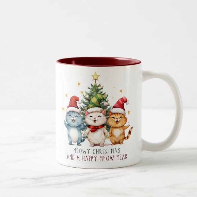 Funny Meowy Weihnachten glückliche Neujahrskatzen Zweifarbige Tasse (Rechts)